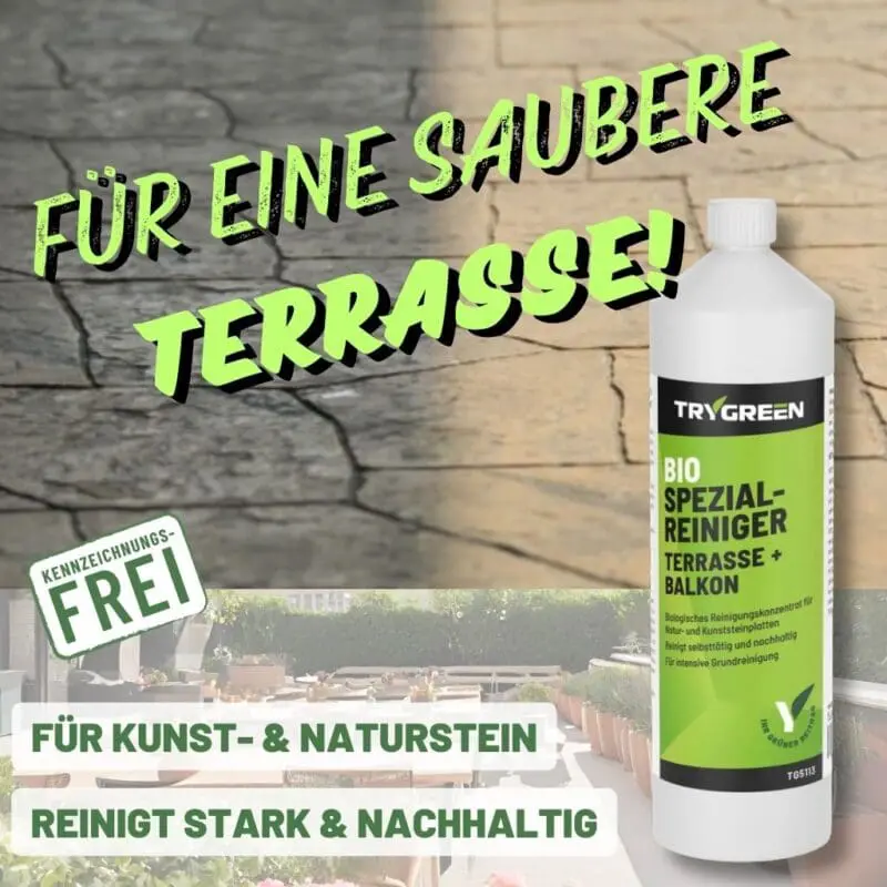 Trygreen Bio Spezialreiniger Terrasse und Balkon. Terrassenreiniger und Balkonreiniger für die effektive Reinigung von Platten aus Kunst- und Naturstein im Außenbereich. Pflanzenschonend.