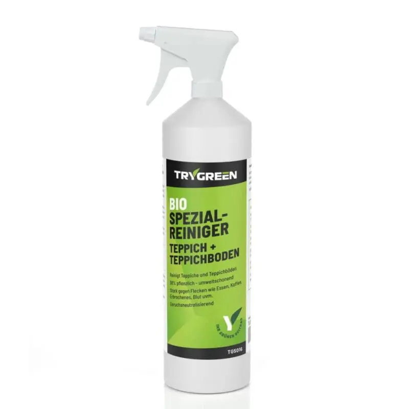 1 Liter Sprühflasche Teppichreiniger und Fleckenentferner von Trygreen. Biologischer Spezialreiniger gegen Blutflecken, Jodflecken, Hundeurin, Kaffeeflecken, Rotwein auf allen gängigen Teppichen und Teppichboden.