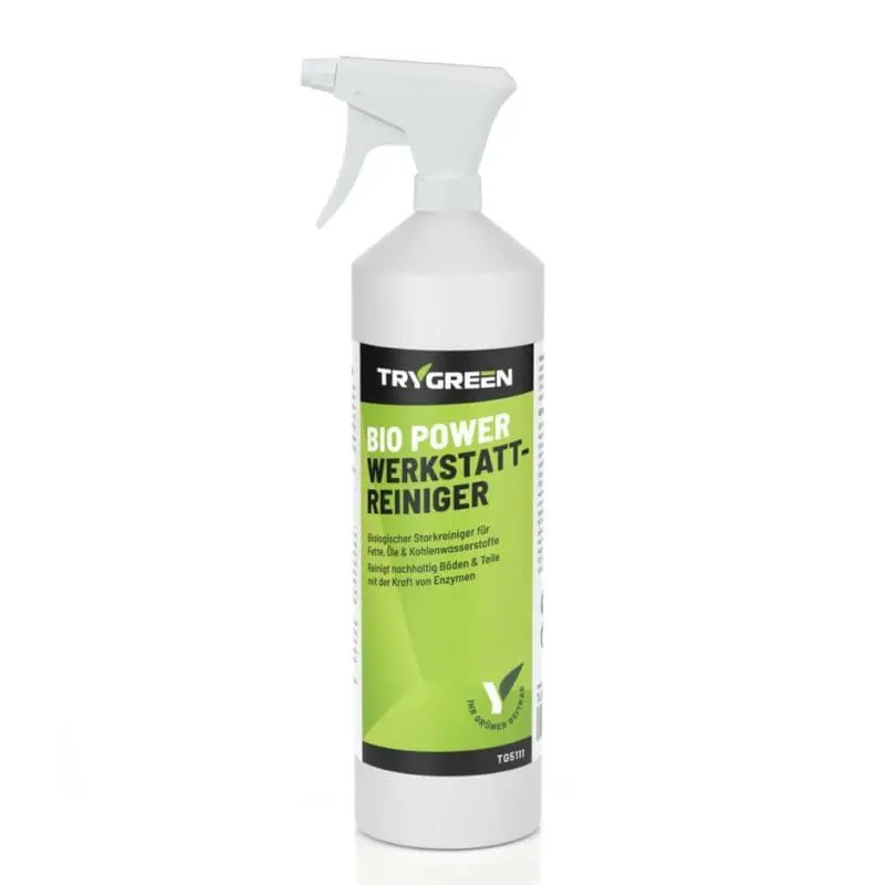 1 Liter Sprühflasche Maschinenreiniger Bio Power Werkstattreiniger von TRYGREEN. Hochkonzentrierter Werkstattreiniger für den Werkstattboden, Werkzeug und Teile. Extrastarke Reinigungskraft gegen Fett, Öl, Schmiermittel, Benzin & Schmutz.