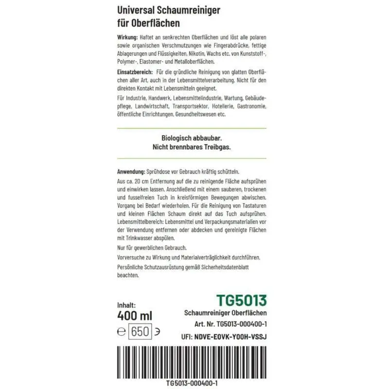 Etikett Rückseite vom Reinigungsschaum von TRYGREEN. Entfernt Schmutz, Nikotin, Fett und Fingerabdrücke von allen Oberflächen. Biologisch abbaubar und klimafreundliches Treibgas.