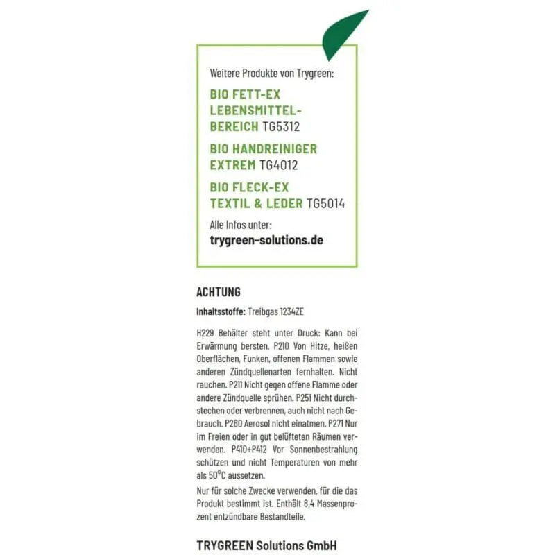 Etikett vom Reinigungsschaum von TRYGREEN. Entfernt Schmutz, Nikotin, Fett und Fingerabdrücke von allen Oberflächen. Biologisch abbaubar und klimafreundliches Treibgas.