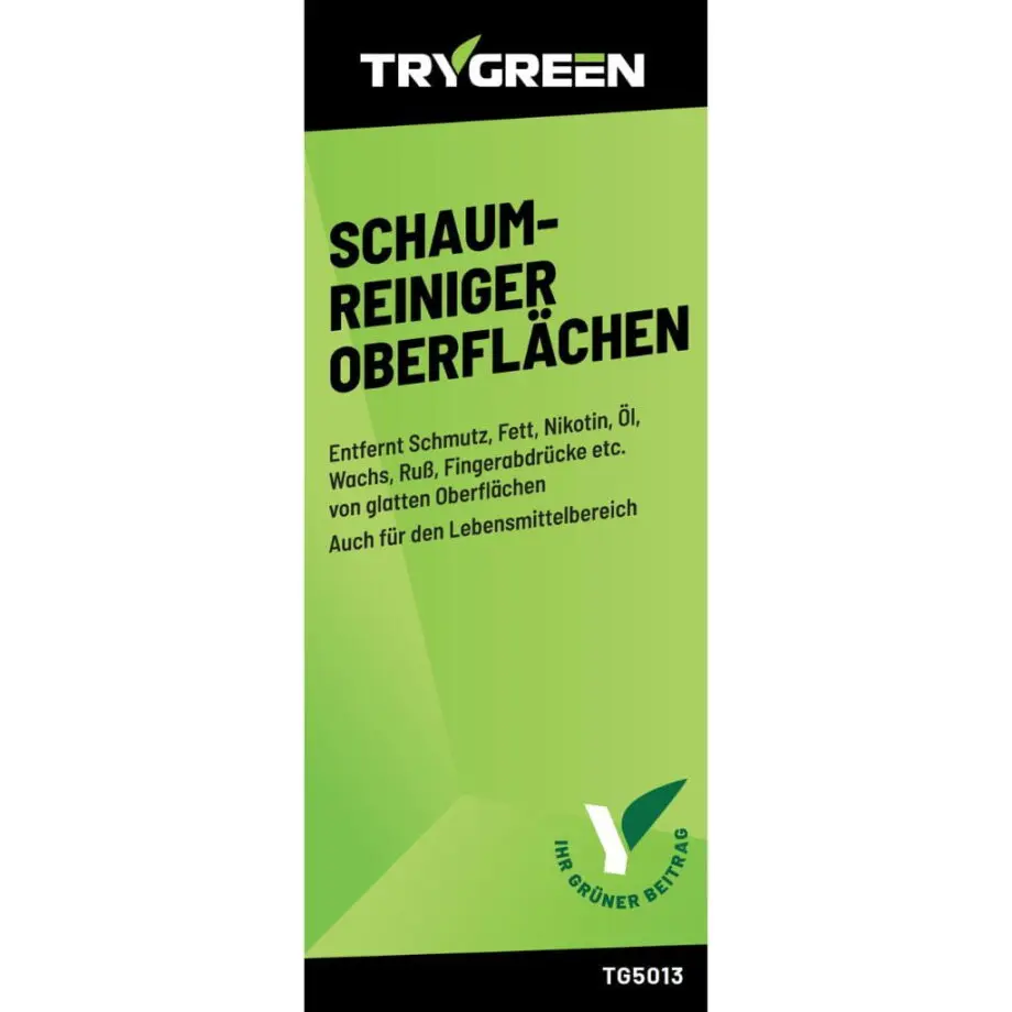 Etikett vom Reinigungsschaum von TRYGREEN. Entfernt Schmutz, Nikotin, Fett und Fingerabdrücke von allen Oberflächen. Biologisch abbaubar und klimafreundliches Treibgas.