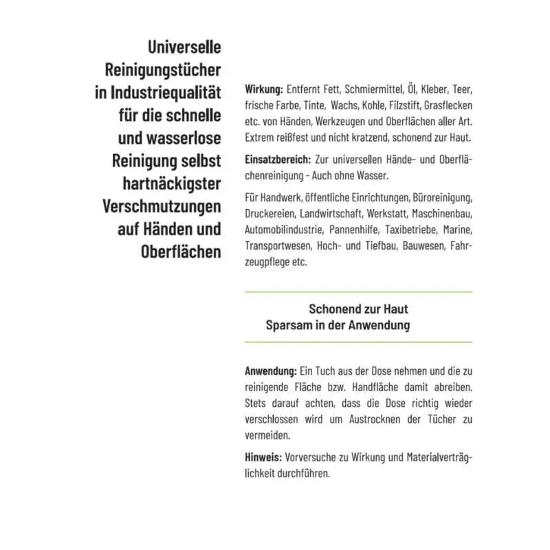 Etikett Werkstatt Reinigungstücher von TRYGREEN. Feuchttücher entfernen Öl, Farbe, Fett und Schmierstoff, für die reinigung von Händen, Maschinen und Werkzeugen.