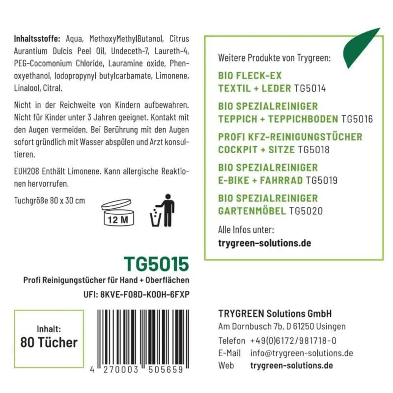 Etikett Werkstatt Reinigungstücher von TRYGREEN. Feuchttücher entfernen Öl, Farbe, Fett und Schmierstoff, für die reinigung von Händen, Maschinen und Werkzeugen.