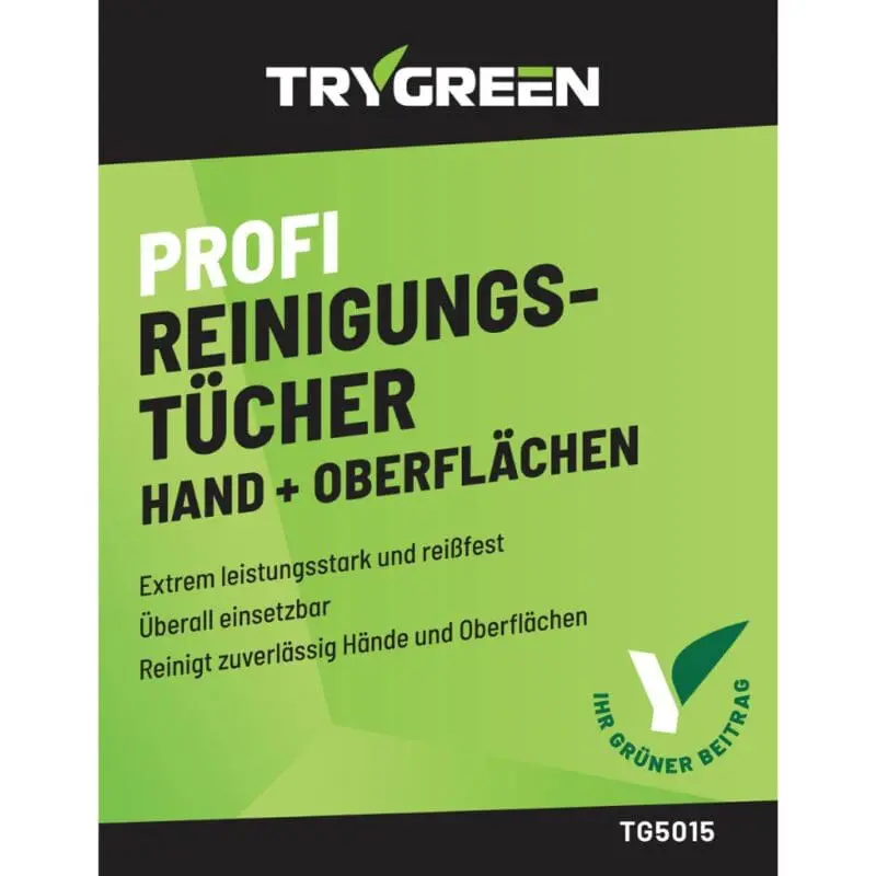 Etikett Werkstatt Reinigungstücher von TRYGREEN. Feuchttücher entfernen Öl, Farbe, Fett und Schmierstoff, für die reinigung von Händen, Maschinen und Werkzeugen.