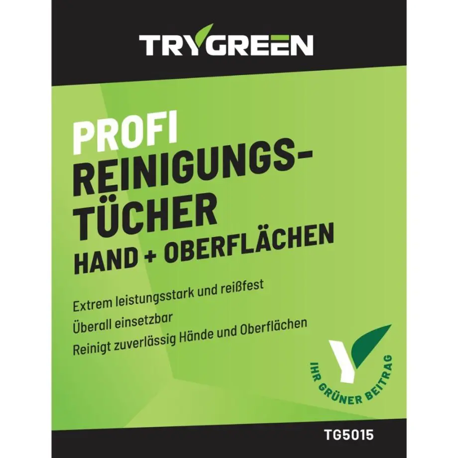 Etikett Werkstatt Reinigungstücher von TRYGREEN. Feuchttücher entfernen Öl, Farbe, Fett und Schmierstoff, für die reinigung von Händen, Maschinen und Werkzeugen.