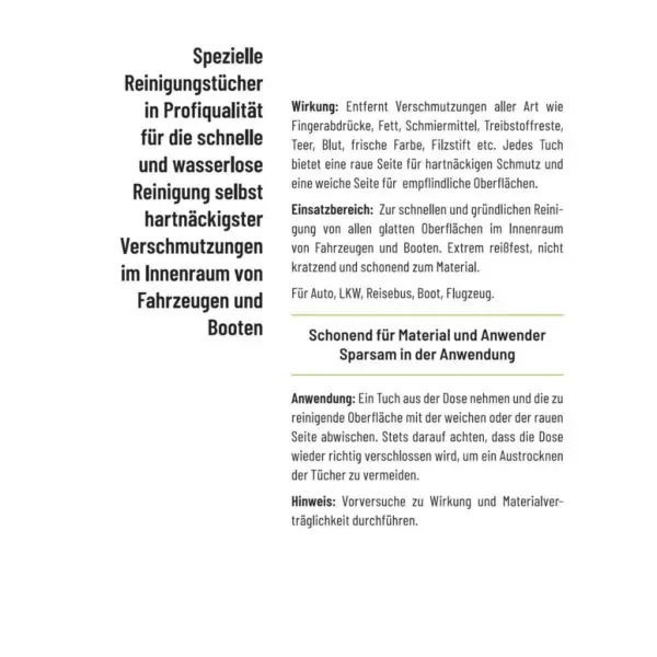 Etikett von Cockpit Tücher von TRYGREEN. Cockpit Reinigungstücher in Profiqualität für die gründliche Reinigung selbst hartnäckigster Verschmutzungen im Innenraum von Autos, LKW und Booten.