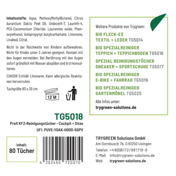 Etikett Rückseite von Cockpit Tücher von TRYGREEN. Cockpit Reinigungstücher in Profiqualität für die gründliche Reinigung selbst hartnäckigster Verschmutzungen im Innenraum von Autos, LKW und Booten.