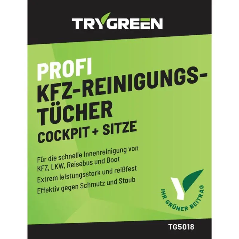 Etikett von Cockpit Tücher von TRYGREEN. Cockpit Reinigungstücher in Profiqualität für die gründliche Reinigung selbst hartnäckigster Verschmutzungen im Innenraum von Autos, LKW und Booten.