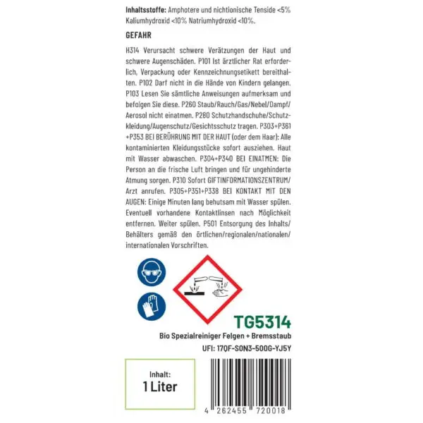 Etikett Felgenreiniger Spezialreiniger Felgen + Bremsstaub von TRYGREEN. Entfernt stark eingebrannten Bremsstaub und hartnäckigen Schmutz von allen Felgen. Umweltverträglicher Felgenreiniger.