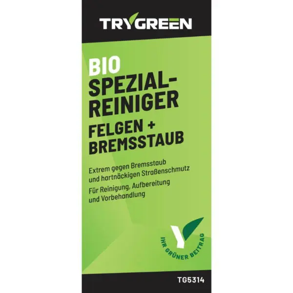 Etikett Felgenreiniger Spezialreiniger Felgen + Bremsstaub von TRYGREEN. Entfernt stark eingebrannten Bremsstaub und hartnäckigen Schmutz von allen Felgen. Umweltverträglicher Felgenreiniger.