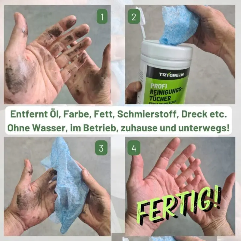 Werkstatt Reinigungstücher von TRYGREEN. Feuchttücher entfernen Öl, Farbe, Fett und Schmierstoff.