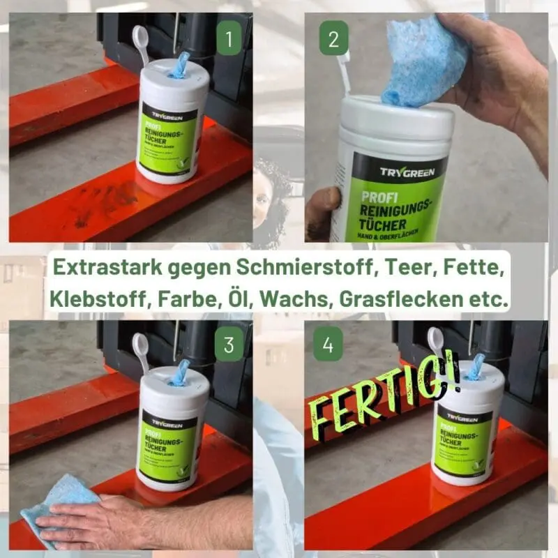 Werkstatt Reinigungstücher von TRYGREEN. Feuchttücher entfernen Öl, Farbe, Fett und Schmierstoff, für die reinigung von Händen, Maschinen und Werkzeugen.