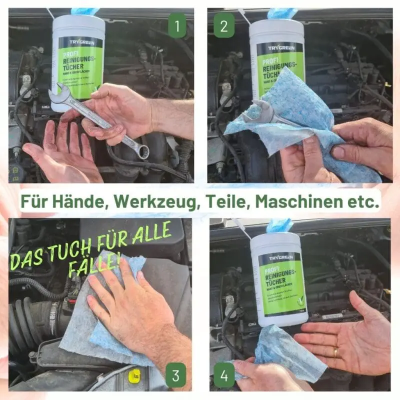 Werkstatt Reinigungstücher von TRYGREEN. Feuchttücher entfernen Öl, Farbe, Fett und Schmierstoff, für die reinigung von Händen, Maschinen und Werkzeugen.