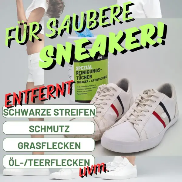 Sneaker Reinigungstücher mit glatter & rauer Seite für die gründliche Reinigung von Sneakern und Sportschuhen - Zum Sneaker reinigen, Turnschuhe reinigen, Sohlen wieder weiß bekommen. Die Reinigungstücher entfernen schwarze Streifen, Grasflecken, Schmutz und Ölflecken effektiv.