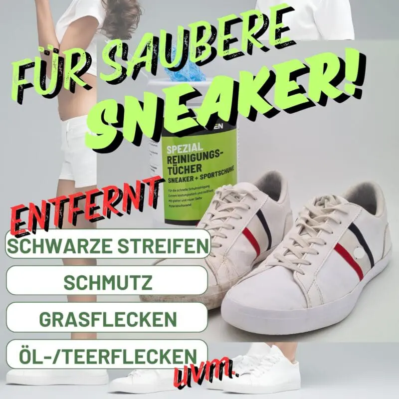 Sneaker Reinigungstücher mit glatter & rauer Seite für die gründliche Reinigung von Sneakern und Sportschuhen - Zum Sneaker reinigen, Turnschuhe reinigen, Sohlen wieder weiß bekommen. Die Reinigungstücher entfernen schwarze Streifen, Grasflecken, Schmutz und Ölflecken effektiv.