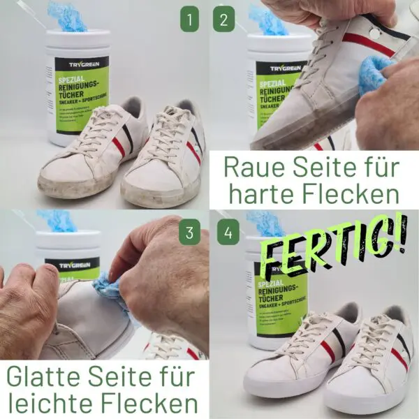 Trygreen Sneaker Reinigungstücher mit glatter & rauer Seite für die gründliche Reinigung von Sneakern und Sportschuhen - Zum Sneaker reinigen, Turnschuhe reinigen, Sohlen wieder weiß bekommen. Jedes Tuch hat eine raue Seite für hartnäckige Flecken und eine glatte Seite für empfindliche Leder und Stoffe.