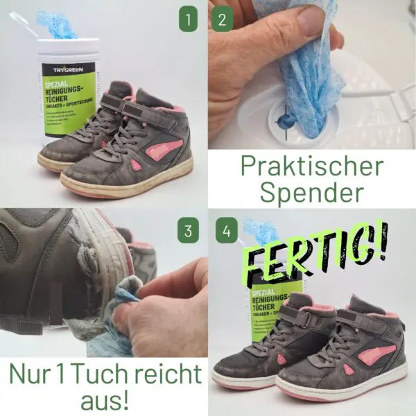 Sneaker reinigen mit Reinigungstücher von Trygreen. Für die gründliche Reinigung von Sneakern und Sportschuhen - Zum Sneaker reinigen, Turnschuhe reinigen, Sohlen wieder weiß bekommen. 80 Tücher pro Spender.