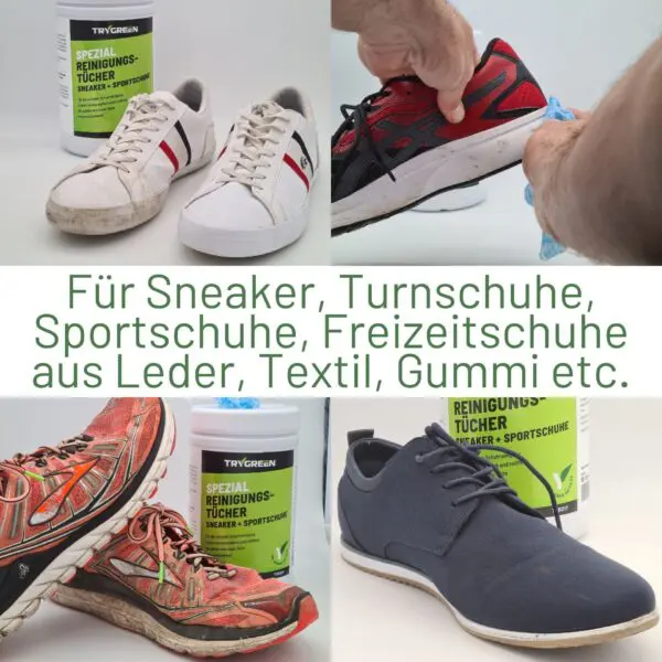 Sneaker reinigen mit Reinigungstücher von Trygreen. Für die gründliche Reinigung von Sneakern, Sportschuhen, Turnschuhen aus Materialien wie Leder, Gummi oder Stoff.