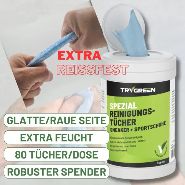 Sneaker reinigen mit Reinigungstücher von Trygreen. Doppelseitige Reinigungstücher mit glatter und rauer Seite, extra feucht, 80 Stück im robusten Spender. Ideal für die Reinigung von weißen Sneaker und um Sneaker Sohlen wieder weiß zu bekommen.