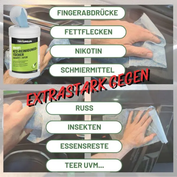 Cockpit Tücher von TRYGREEN. Sie reinigen mühelos Fingerabrücke, Fettflecken, Nikotinflecken, Schmiermittel, Insekten, Ruß und Teer.