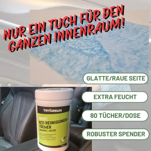 Cockpit Tücher von TRYGREEN. Doppelseitig nutzbare Reinigungstücher in robustem Spender. Mit glatter und rauer Seite, extra feucht.