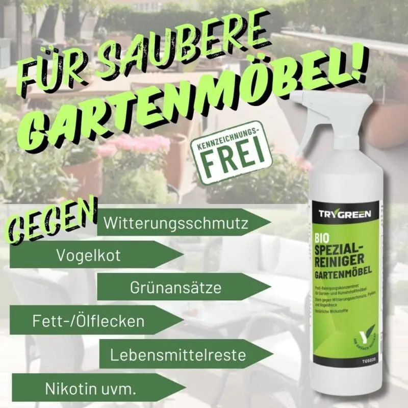 1 Liter Flasche Bio Spezialreiniger für Gartenmöbel von Trygreen. Biologischer Gartenmöbelreiniger und Kunststoffreiniger für die Reinigung und Pflege von Gartenmöbel und Outdoor-Ausstattung aus Kunststoff, Metall und Polyrattan. Stark gegen Witterungsschmutz, Vogelkot, Grünbelag, Fettflecken, Nikotin.