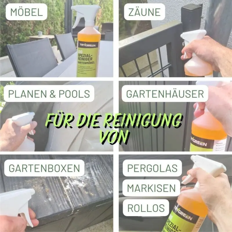 Bio Spezialreiniger für Gartenmöbel von Trygreen. Biologischer Gartenmöbelreiniger und Kunststoffreiniger für die Reinigung und Pflege von Gartenmöbel und Outdoor-Ausstattung aus Kunststoff, Metall und Polyrattan. Für die Reinigung von Gartenmöbel, Zäune, Planen, Pools, Gartenboxen, Markisen und Rollos.