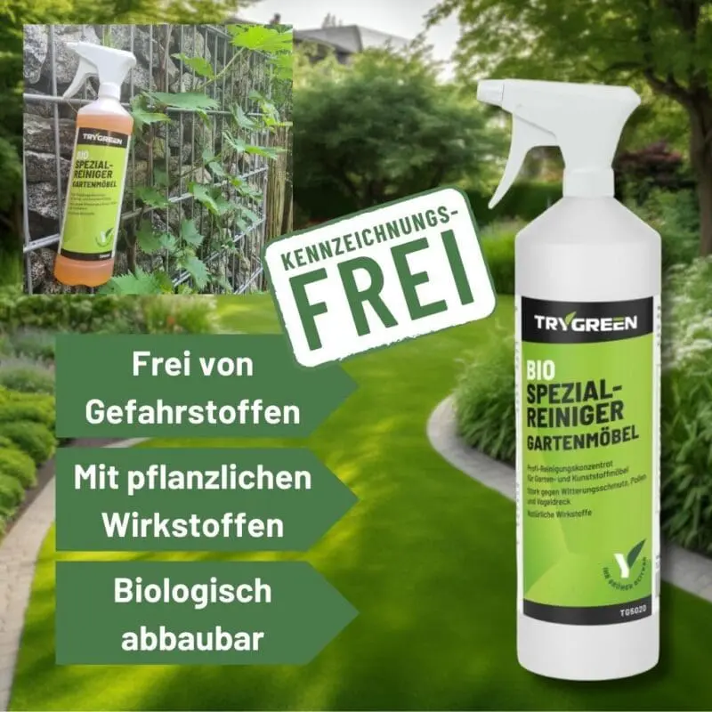 1 Liter Sprüher Bio Spezialreiniger für Gartenmöbel von Trygreen. Biologischer Gartenmöbelreiniger und Kunststoffreiniger für die Reinigung und Pflege von Gartenmöbel und Outdoor-Ausstattung aus Kunststoff, Metall und Polyrattan. Stark gegen Witterungsschmutz, Vogelkot, Grünbelag, Fettflecken, Nikotin. pflanzlicher und biologischer Reiniger. Ohne Gefahrstoffe, pflanzlich und biologisch abbaubar.