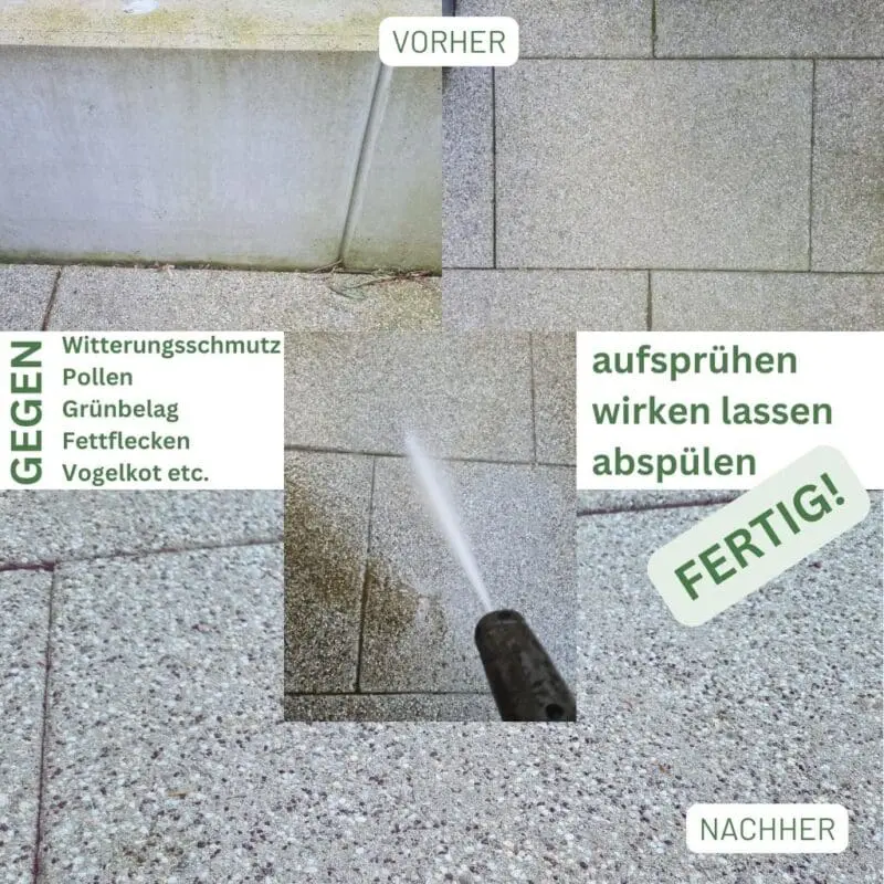 Anwendung Trygreen Bio Spezialreiniger Terrasse und Balkon. Terrassenreiniger und Balkonreiniger für die effektive Reinigung von Platten aus Kunst- und Naturstein im Außenbereich. Mit oder ohne Hochdruckreiniger.