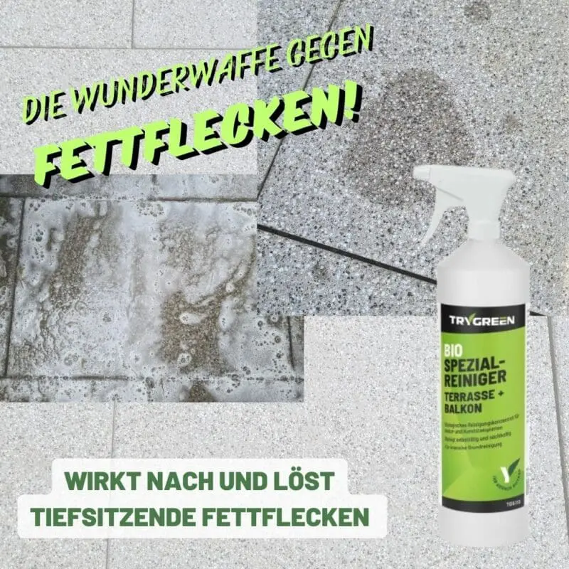 Trygreen Bio Spezialreiniger Terrasse und Balkon. Terrassenreiniger und Balkonreiniger für die effektive Reinigung von Platten aus Kunst- und Naturstein im Außenbereich. Entfernt Fettflecken und ist Pflanzenschonend.