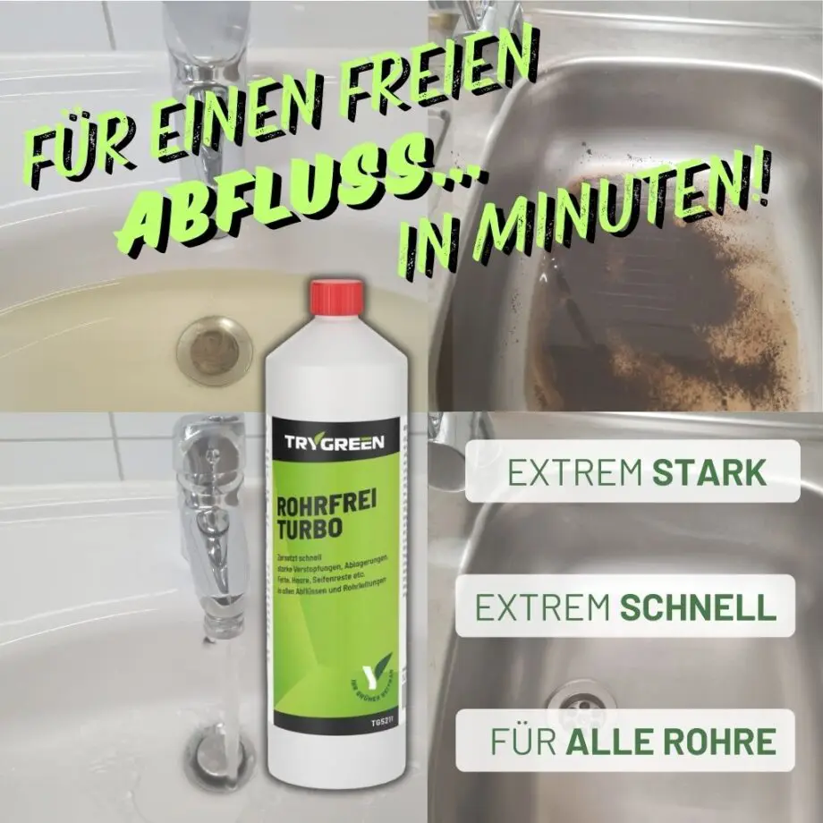 Rohrfrei Turbo Abflussfrei gegen Verstopfungen durch Haare und Speisereste. Der Rohrreiniger wirkt selbst bei stehendem Wasser im Anfluss.