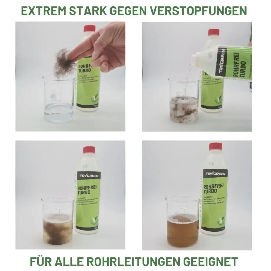 Rohrfrei Turbo Abflussfrei. Der Abflussreiniger löst Haare in kurzer Zeit vollständig auf.