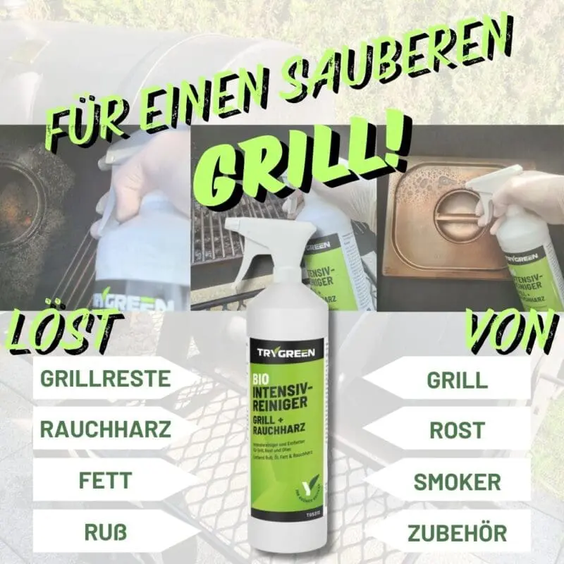 Grillreiniger Bio Intensivreiniger Grill + Rauchharz von Trygreen. Reiniger für Grillrost, Grill, Gasgrill, BBQ und Smoker aus Edelstahl und Gusseisen. Entfernt Ruß, Rauchharz, Grillreste, Fett und eingebrannte Grillrückstände.