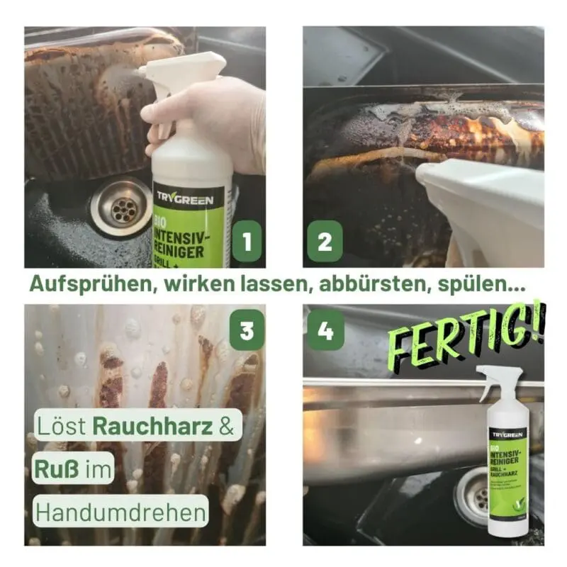 Anwendung von Grillreiniger Bio Intensivreiniger Grill + Rauchharz von Trygreen. Reiniger für Grillrost, Grill, Gasgrill, BBQ und Smoker aus Edelstahl, Keramik, Gusseisen und Emaille. Entfernt Ruß, Rauchharz, Grillreste, Fett und eingebrannte Grillrückstände. Einfach aufsprühen, abbürsten und abspülen.