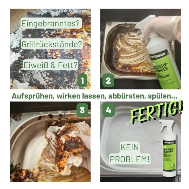 Anwendung von Grillreiniger Bio Intensivreiniger Grill + Rauchharz von Trygreen. Reiniger für Grillrost, Grill, Gasgrill, BBQ und Smoker aus Edelstahl, Keramik, Gusseisen und Emaille. Entfernt Ruß, Rauchharz, Grillreste, Fett und eingebrannte Grillrückstände. Zum einfachen Reinigen von Grillrosten aus Edelstahl.