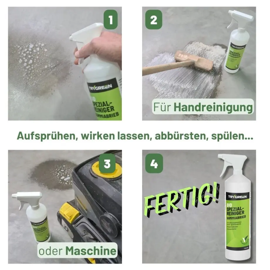 Entfernen von Reifenspuren und Gummiabrieb auf Beton mit Spezialreiniger Gummiabrieb