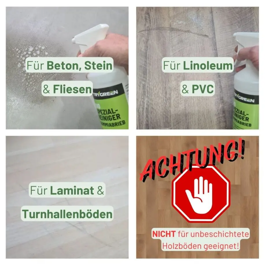 Spezialreiniger zum entfernen von Gummiabrieb und Reifenspuren auf Beton, Laminat, Fliesen und Pflaster.