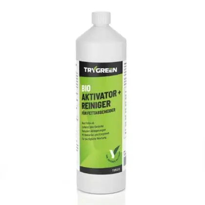 1 Liter Flasche Bio Aktivator und Reiniger für Fettabscheider von Trygreen. Baut Fette ab, neutralisiert Gestank und verlängert Wartungsintervalle. Nachhaltig mit Mikroorganismen & Enzymen.