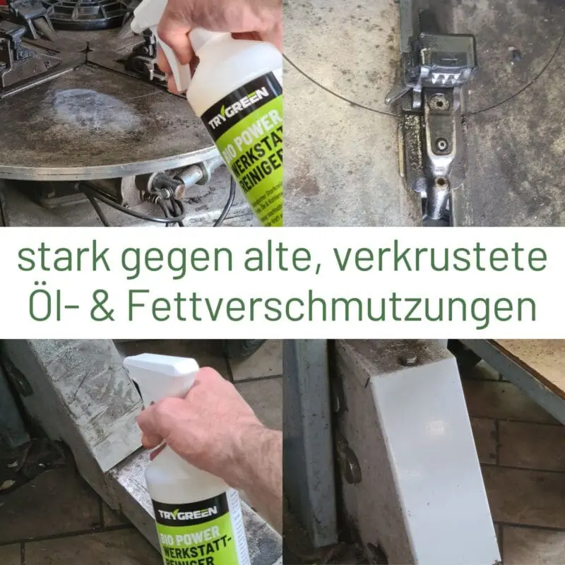 Anwendungsbeispiel Bio Power Werkstattreiniger von TRYGREEN. Stark gegen alte Ölflecken und Fettreste auf Maschinen, Werkzeugen und Teilen.