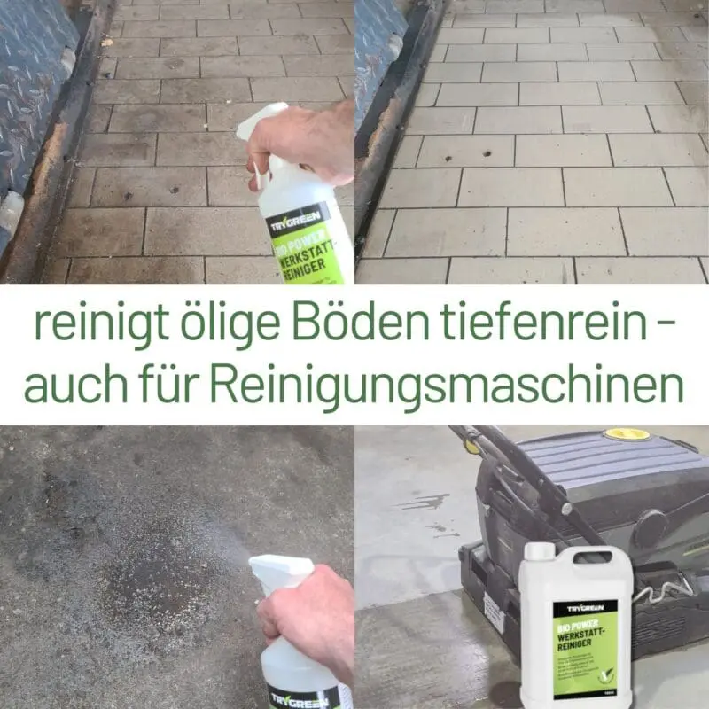 Anwendungsbeispiel Bio Power Werkstattreiniger von TRYGREEN. Reinigt ölige Böden tiefenrein - auch für Reinigungsmaschinen geeignet. Stark um Ölflecken zu entfernen.