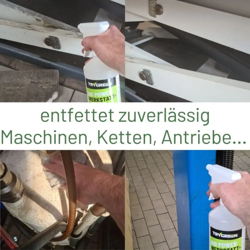 Anwendungsbeispiel Bio Power Werkstattreiniger von TRYGREEN. Für die Reinigung von Maschinen, Ketten und Antrieben.