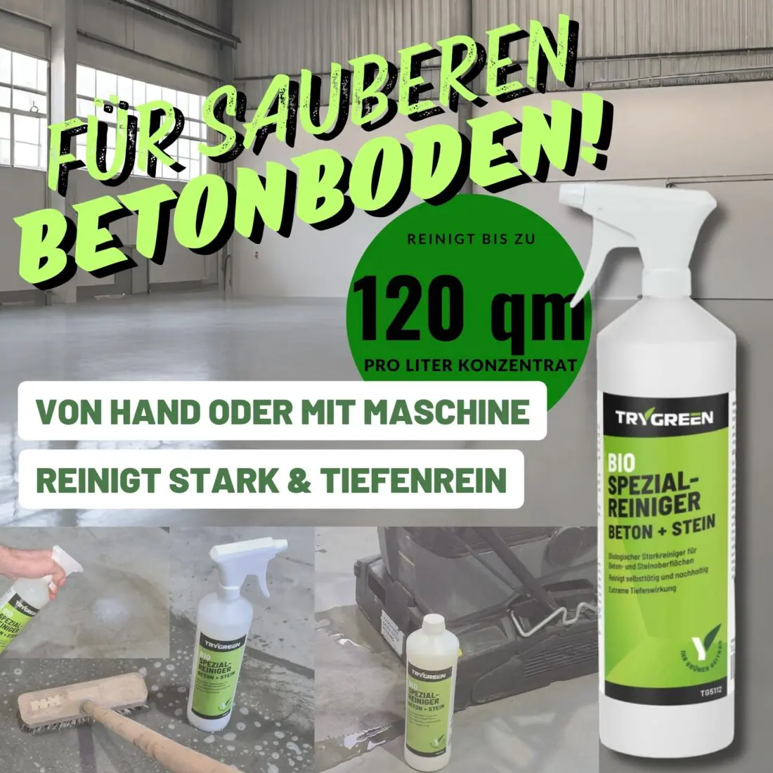 Betonreiniger gegen Ölflecken, Fett und Diesel auf Beton. Trygreen Spezialreiniger Beton + Stein. Für Hallenboden.