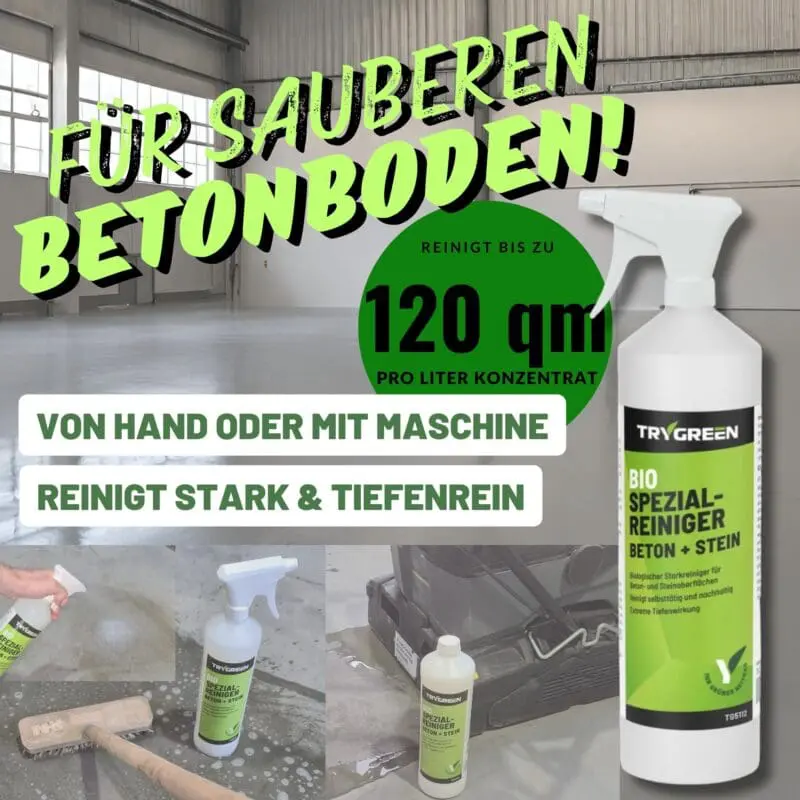 Betonreiniger gegen Ölflecken, Fett und Diesel auf Beton. Trygreen Spezialreiniger Beton + Stein. Für Hallenboden.