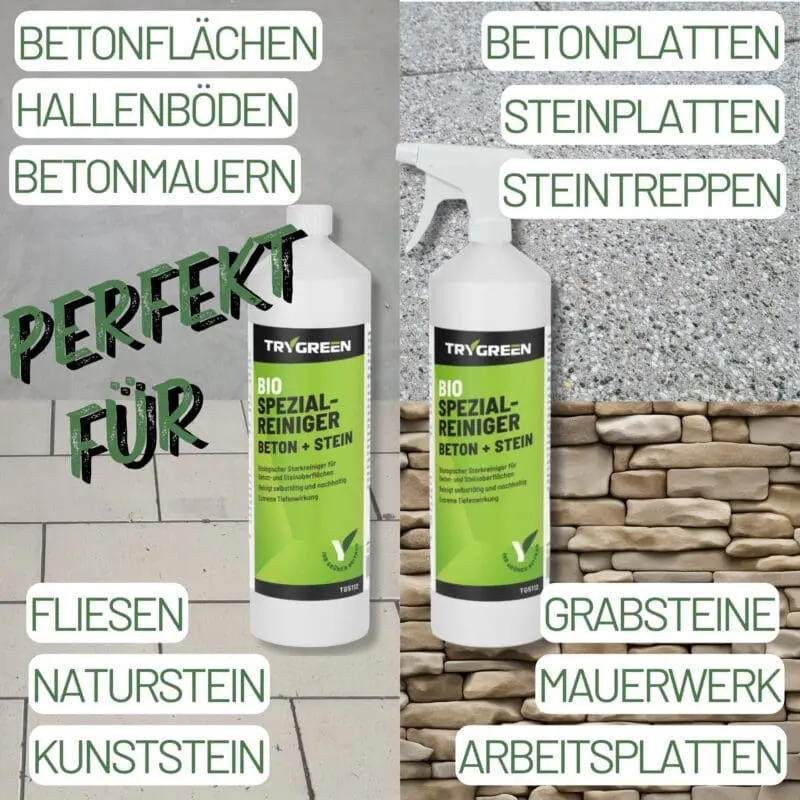 Trygreen Betonreiniger für Betonplatten, Mauern, Steintreppen, Grabsteine, Arbeitsplatten. Entfern Öl, Fett und Flecken.