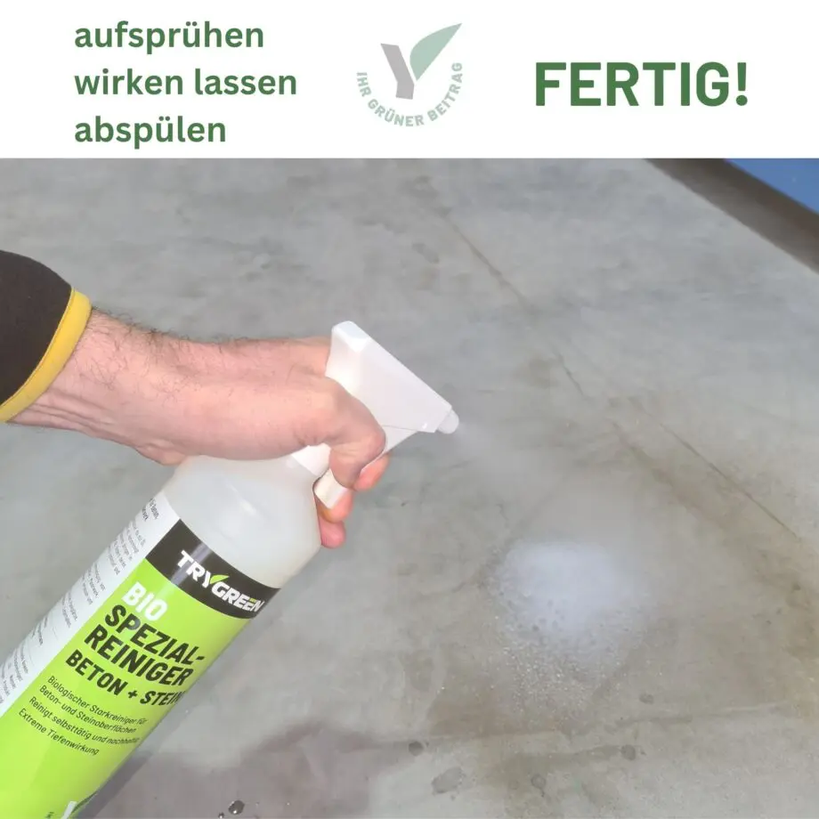 Anwendungsbeispiel Trygreen Betonreiniger Spezialreiniger Beton + Stein mit Sprüher.