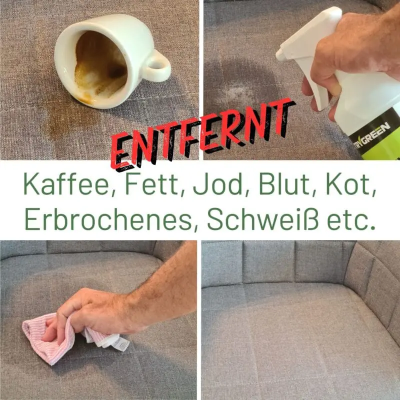 TRYGREEN Bio Fleck-Ex Textil + Leder. Entfernt Kaffeeflecken, Blutflecken, Jodflecken, Kotflecken, Erbrochenes, Schweißflecken schnell und effektiv.