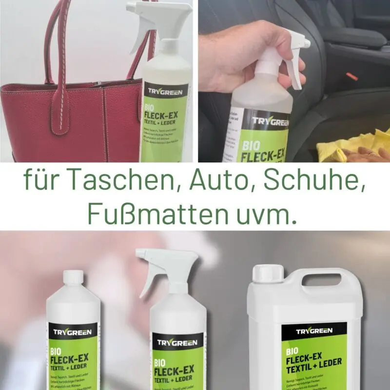 TRYGREEN Bio Fleck-Ex Textil + Leder Sprühflasche. Fleckenentferner & Geruchsentferner. Für die Reinigung von Taschen, Autositzen, Schuhen, Fußmatten.