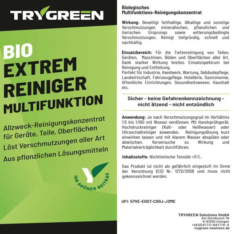 Etikett Universalreiniger Bio Extrem-Reiniger Multifunktion von TRYGREEN. Entfernt jeden Schmutz von abwaschbaren oberflächen. Biologisch abbaubarer und ökologischer Allzweckreiniger. Als Haushaltsreiniger für die Bodenreinigung perfekt geeignet.