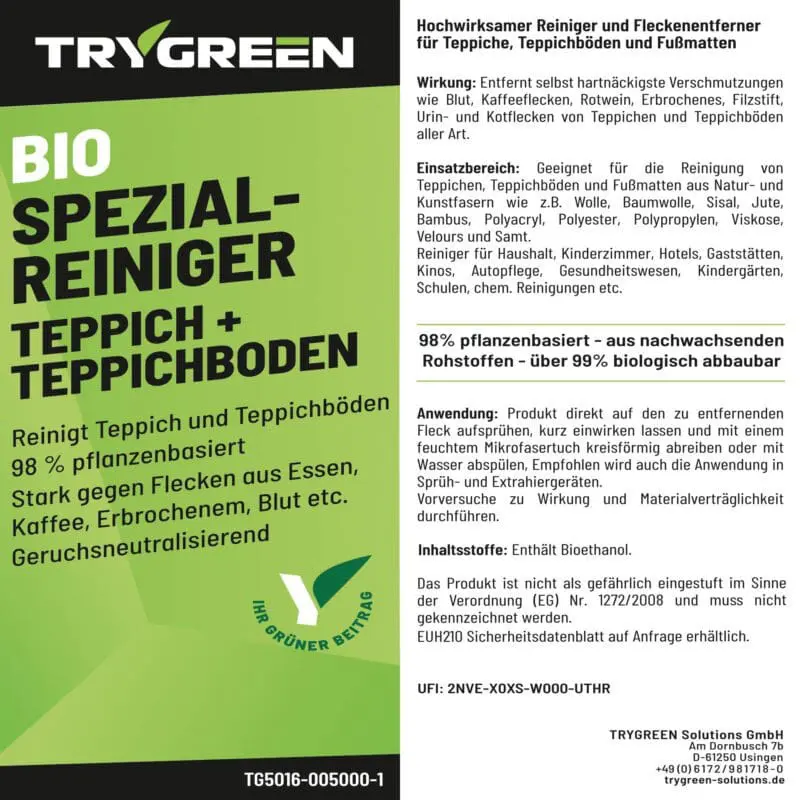 Etikett Teppichreiniger und Fleckenentferner von Trygreen. Zum Entfernen von Rotweinflecken, Kaffeeflecken, Hunderuin, Kotflecken, Erbrochenem, Jodflecken, zur Reinigung von allen gängigen Teppichen und Teppichböden.